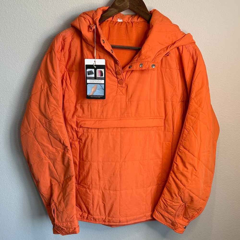 Fashion Clothing Orange Puffy Pullover Hooded Jacket New Size L
